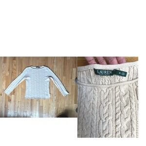 Lauren Ralph Lauren Cream Cable Knit Cotton Boat Neck Sweater Women's Medium